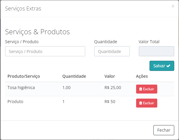 Exemplo de Produto e Serviço adicional a um atendimento